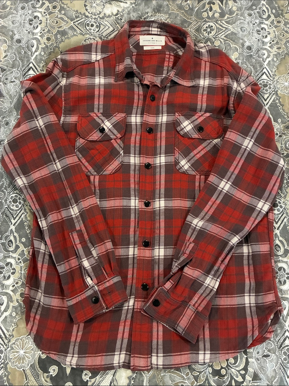 imogene + willie earl plaid button down shirt in red and brown